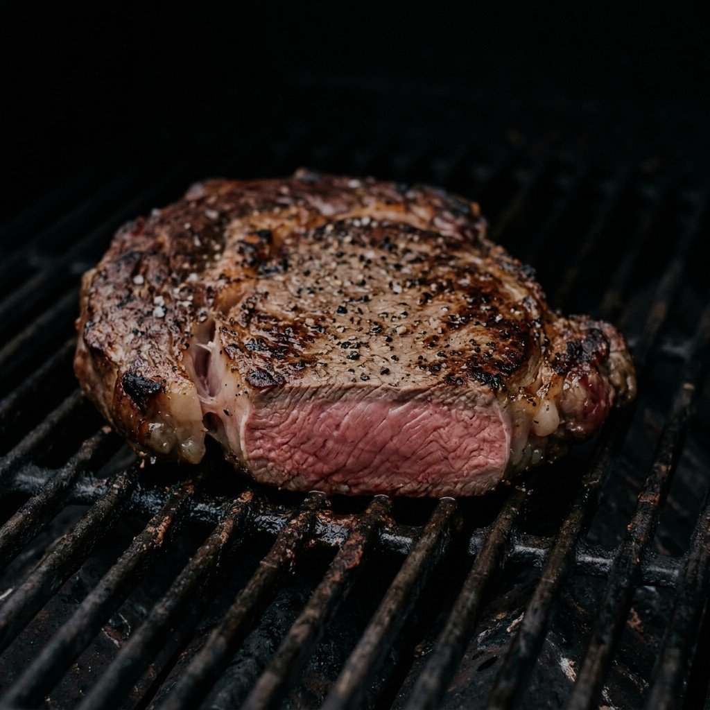 Reverse-seared ribeye on the grill, sliced