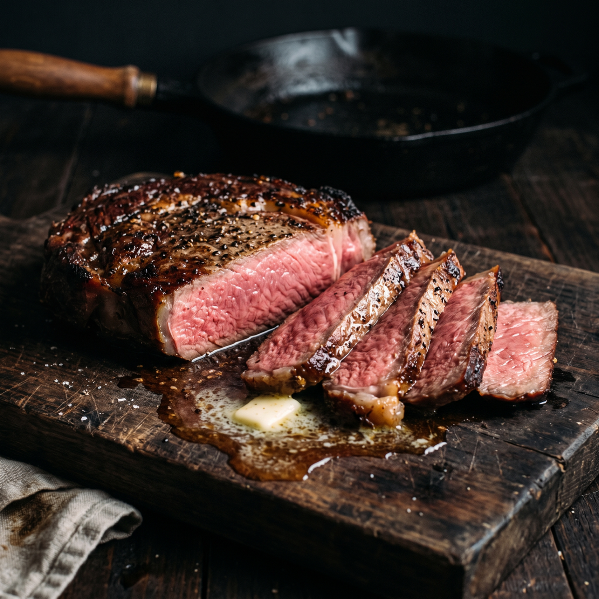 Grilled ribeye sliced medium-rare on a wooden board with butter melting into the juices