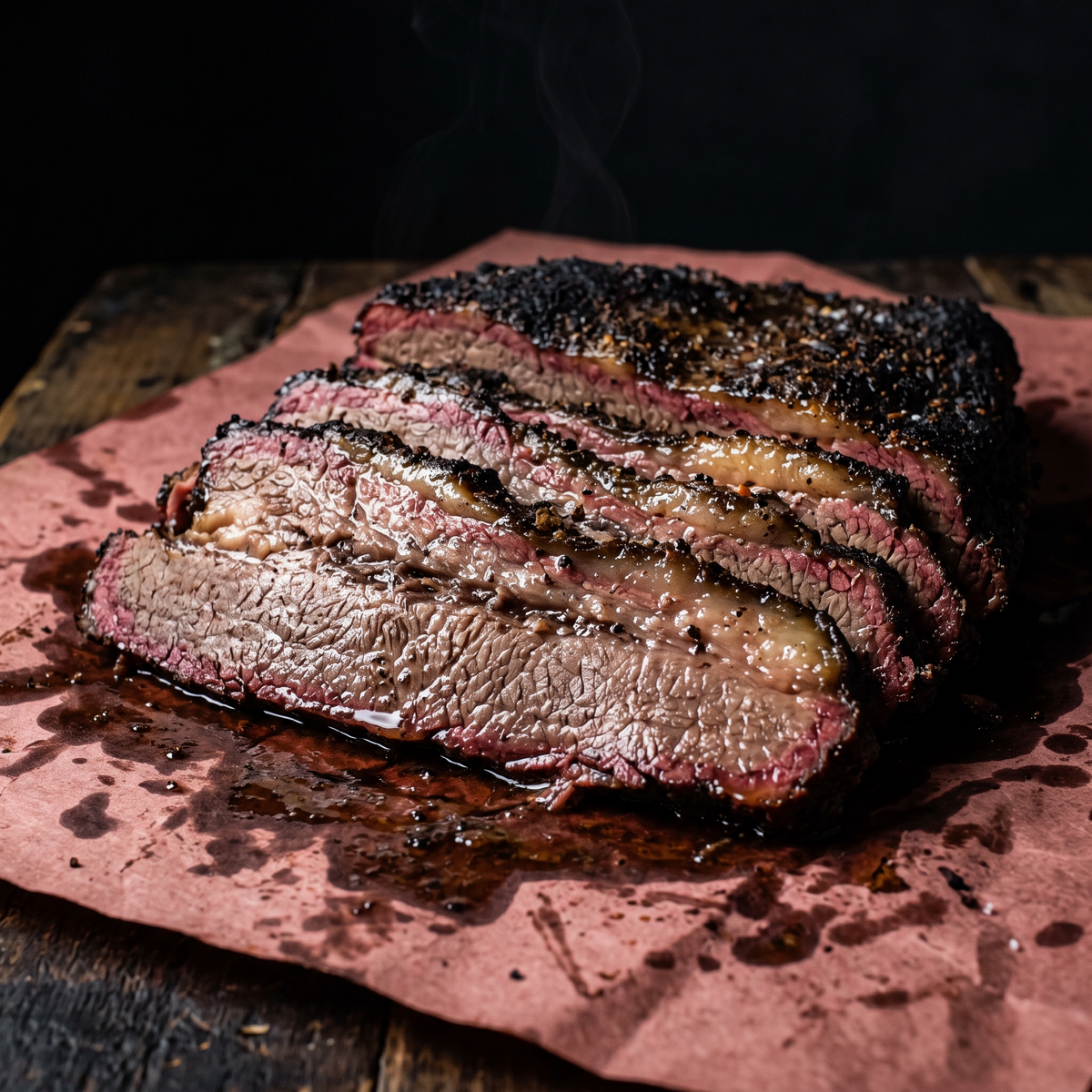 Sliced Texas smoked brisket with black pepper bark, fat cap and smoke ring on pink butcher paper
