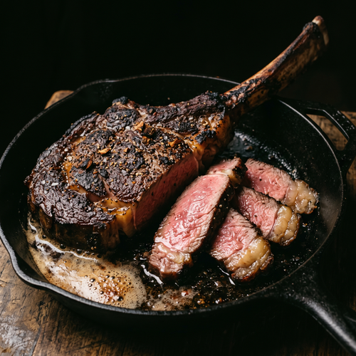 Tomahawk ribeye in a cast-iron skillet, sliced medium-rare in brown butter